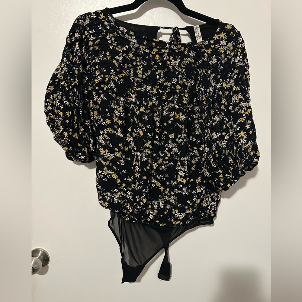 Free People Black Floral Bodysuit